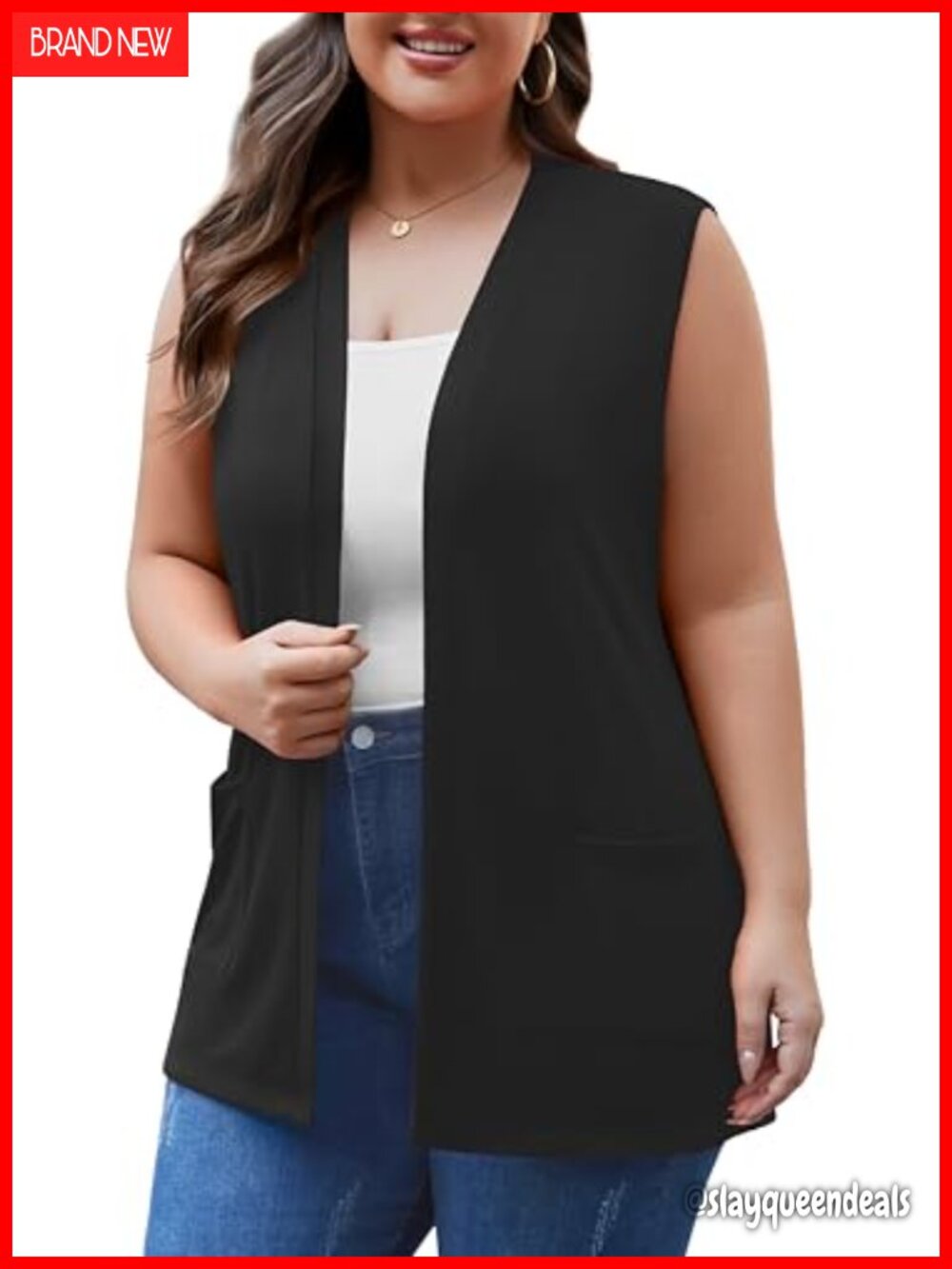Plus Size Sleeveless Open Front Cardigan Sweater Vest with Pockets